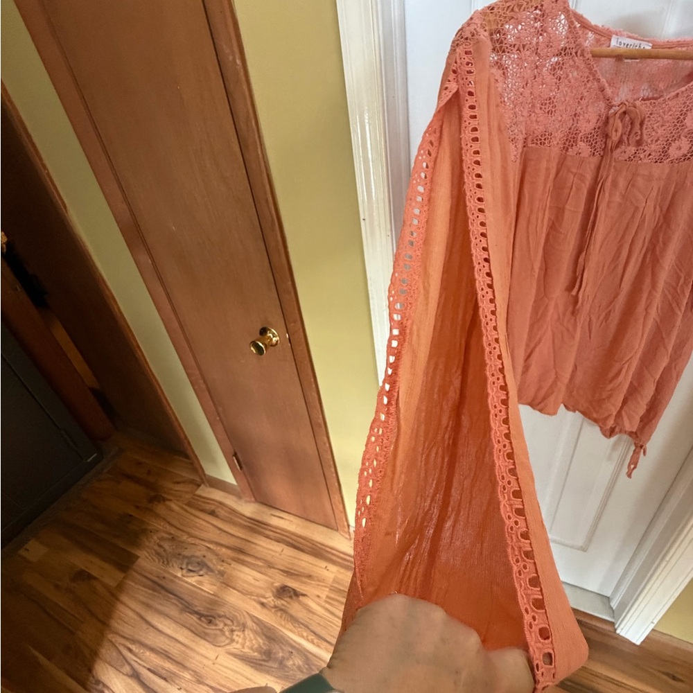 Love Riche Lace Yoke Tie-Front Blouse - Rust - Picture 3 of 6